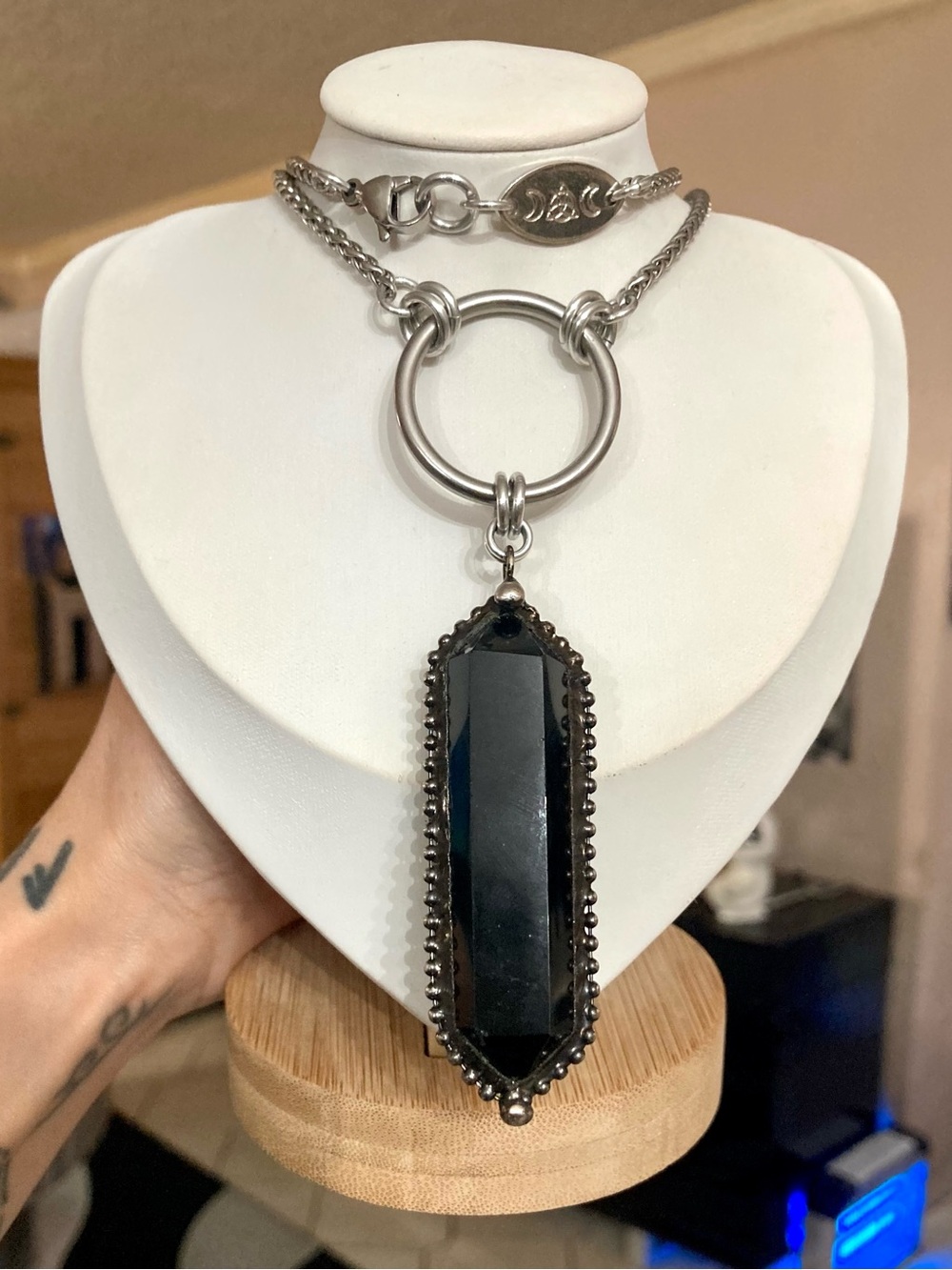 Black smoky crystal quartz boho goth long stainless steel chain necklace - Picture 11 of 13